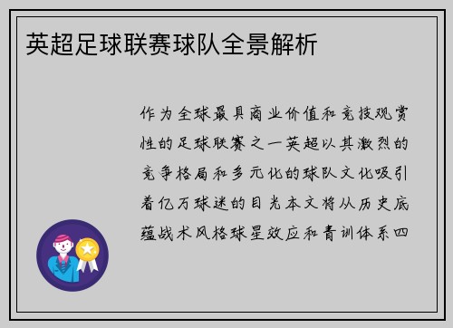 英超足球联赛球队全景解析