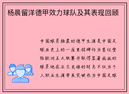 杨晨留洋德甲效力球队及其表现回顾