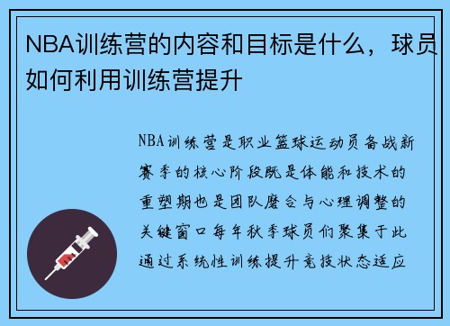 NBA训练营的内容和目标是什么，球员如何利用训练营提升